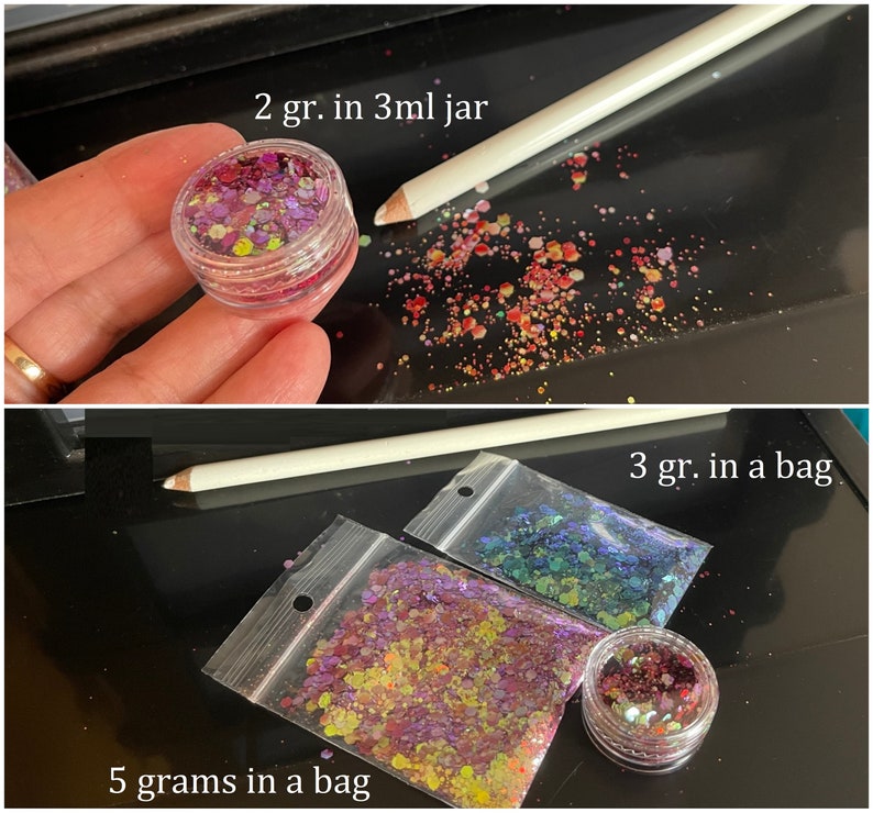 May include: Glitter in a clear jar and bags. The jar contains 2 grams of glitter. The bags contain 3 grams and 5 grams of glitter. The glitter is a mix of colors, including pink, purple, yellow, and blue.