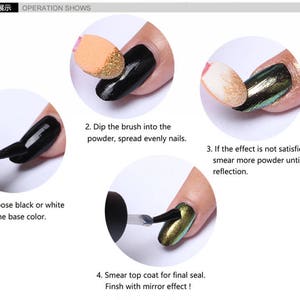 May include: A step-by-step guide for creating a mirror nail effect using black or white nail polish, a brush, and a powder. The steps include applying a base coat, dipping the brush into the powder, spreading the powder evenly on the nails, and applying a top coat.