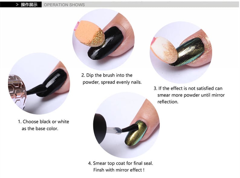 May include: A step-by-step guide for creating a mirror nail effect using black or white nail polish, a brush, and a powder. The steps include applying a base coat, dipping the brush into the powder, spreading the powder evenly on the nails, and applying a top coat.