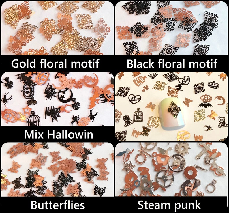 May include: Assortment of nail art embellishments in four different themes: gold floral motif, black floral motif, mix Halloween, and steampunk. The embellishments are made of metal and are in various shapes and sizes.