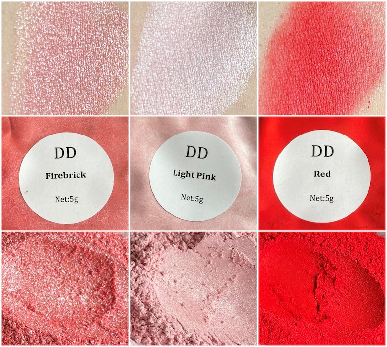 May include: Three eyeshadow samples in shades of red, pink, and light pink. The samples are labeled "DD Firebrick", "DD Light Pink", and "DD Red". Each sample is 5 grams.