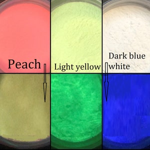 May include: Six small containers of different colored powders. The powders are labeled "Peach", "Light yellow", "White", "Dark blue", "Green", and "Blue".