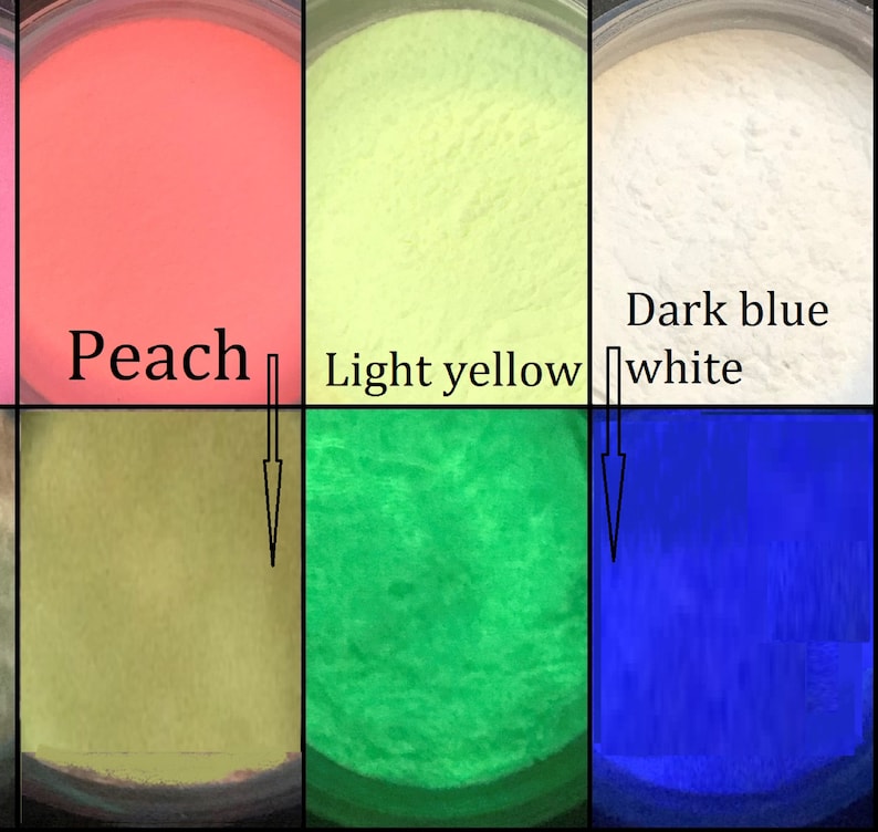 May include: Six small containers of different colored powders. The powders are labeled "Peach", "Light yellow", "White", "Dark blue", "Green", and "Blue".
