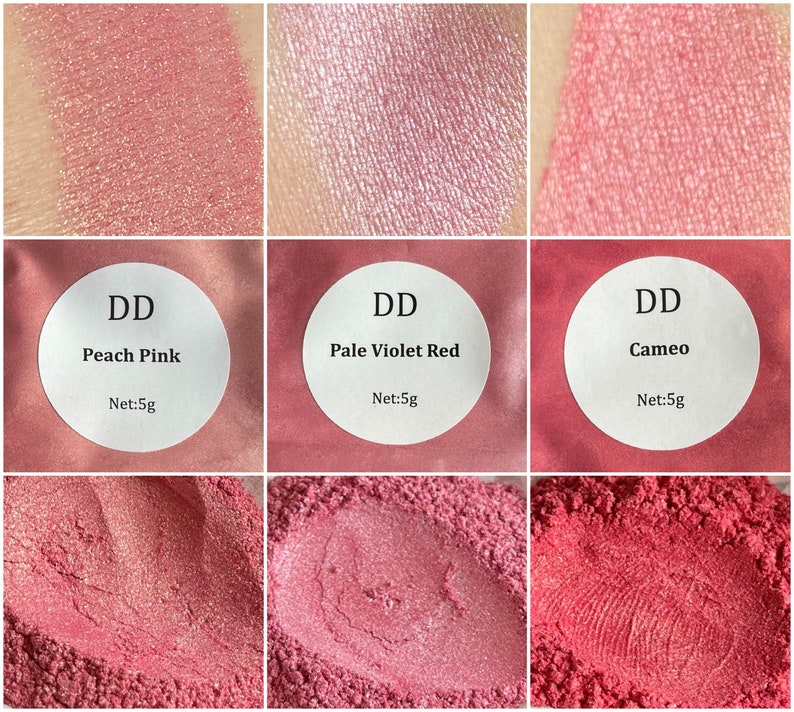 May include: Three small jars of loose cosmetic pigment powder. The jars are labeled "DD Peach Pink", "DD Pale Violet Red", and "DD Cameo". Each jar contains 5 grams of pigment.