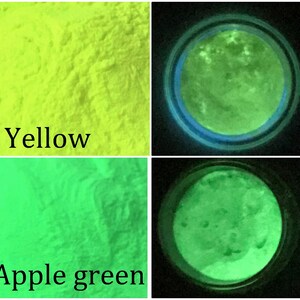 May include: Two containers of glow-in-the-dark powder, one yellow and one apple green. The powder is shown in both daylight and dark conditions.