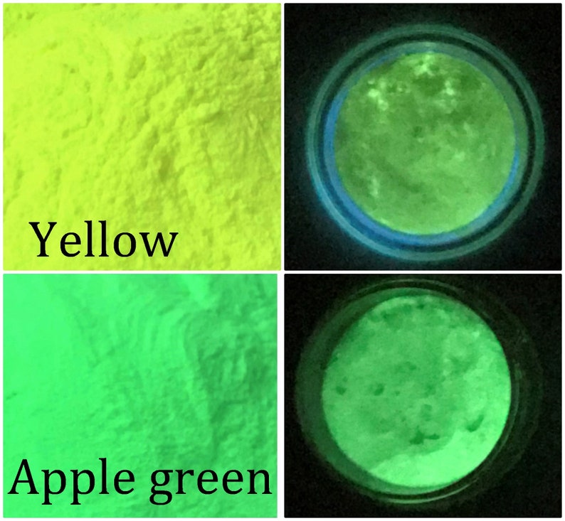 May include: Two containers of glow-in-the-dark powder, one yellow and one apple green. The powder is shown in both daylight and dark conditions.