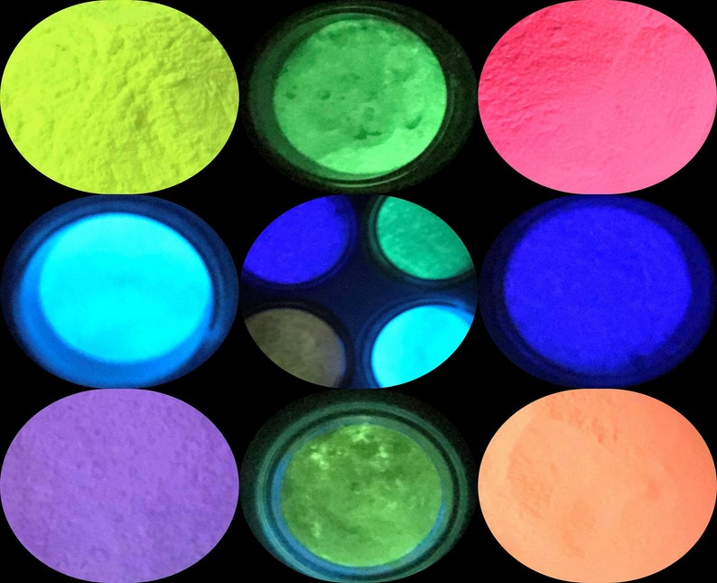 May include: Nine round containers of glow-in-the-dark pigment powder in various colors, including yellow, green, pink, blue, purple, and orange.