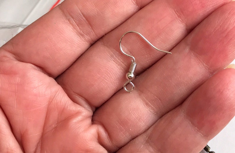 May include: Silver earring hook with a spring closure. The hook is made of metal and has a smooth finish.