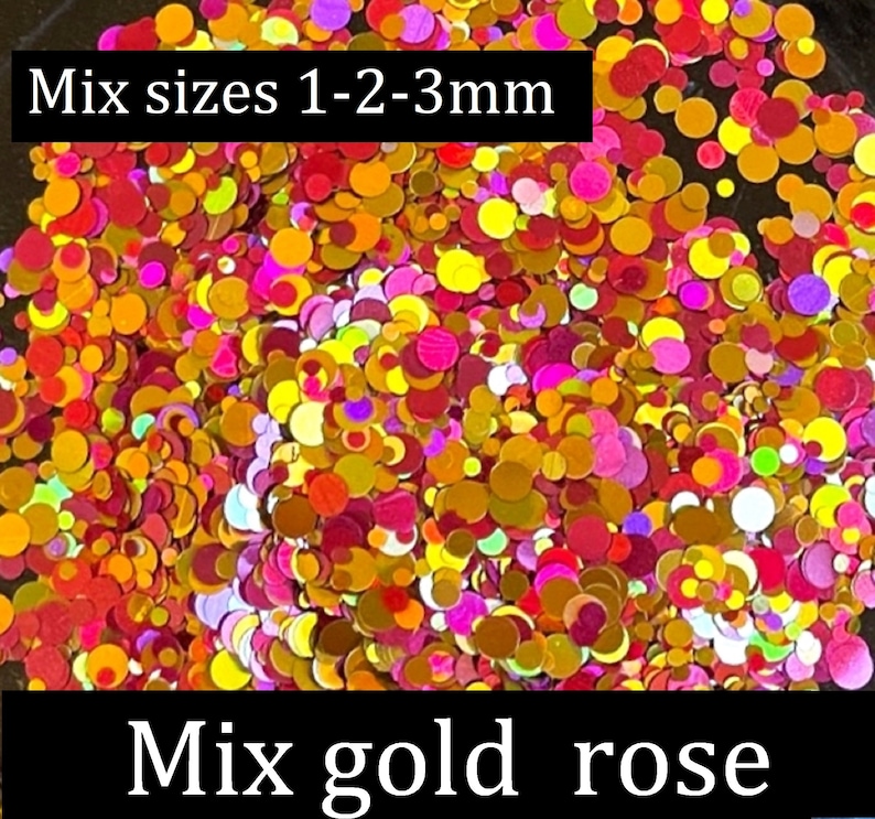 Pu&ograve; includere: Un mix di glitter dorati e rosa in tre dimensioni: 1 mm, 2 mm e 3 mm. Mix di dimensioni 1-2-3 mm.
