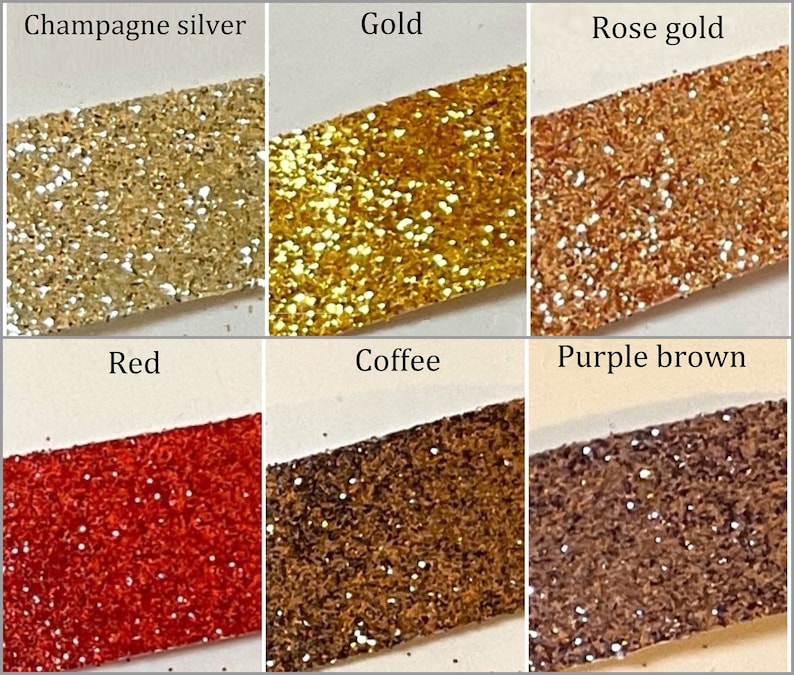 May include: Six samples of glitter in different colors: champagne silver, gold, rose gold, red, coffee, and purple brown.
