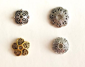 7 pcs Antique silver gold detailed cap beads, flower cap beads, Bead End Caps Findings Four Flower