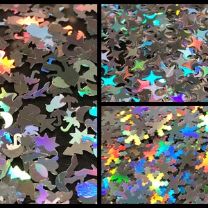 May include: Assortment of iridescent glitter shapes, including stars, snowflakes, and various summer-themed shapes like palm trees, seashells, and umbrellas.