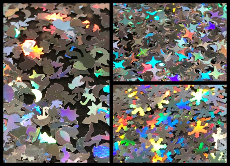 May include: Assortment of iridescent glitter shapes, including stars, snowflakes, and various summer-themed shapes like palm trees, seashells, and umbrellas.