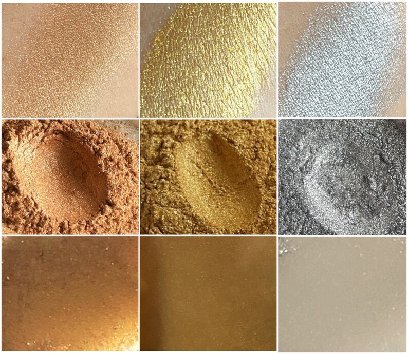 K&ouml;nnte beinhalten: Neun Lidschatten-Swatches in verschiedenen Farbt&ouml;nen. Die Farben reichen von hellem Gold und Silber bis hin zu tieferen Bronze- und Kupfert&ouml;nen. Die Texturen variieren von fein gemahlenen Puder bis zu glatten, cremigen Finishes mit sichtbarem Schimmer.