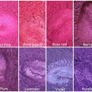 May include: Eight samples of mica powder in various shades of pink and purple. The colours are labelled "Hot Pink", "Rose peach", "Rose red", "Berry", "Plum", "Lavender", "Violet", and "Purple".