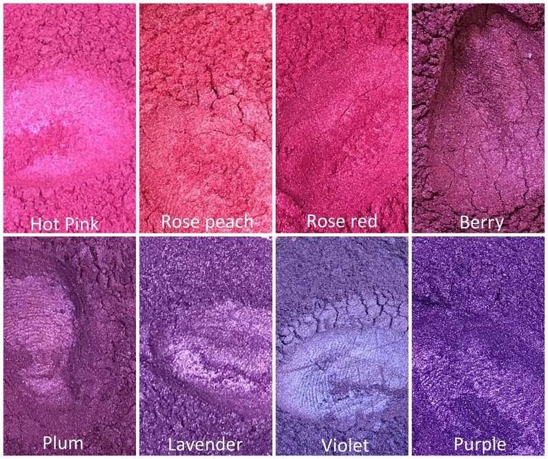 May include: Eight samples of mica powder in various shades of pink and purple. The colours are labelled "Hot Pink", "Rose peach", "Rose red", "Berry", "Plum", "Lavender", "Violet", and "Purple".