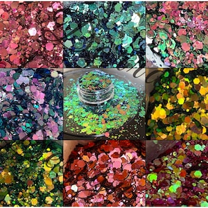May include: Nine square images showcasing various glitter mixes. Colors range from pinks and reds to greens, blues, and golds. The glitter pieces are hexagonal and irregular in shape, creating a sparkling effect. One image shows glitter in a small, clear jar.