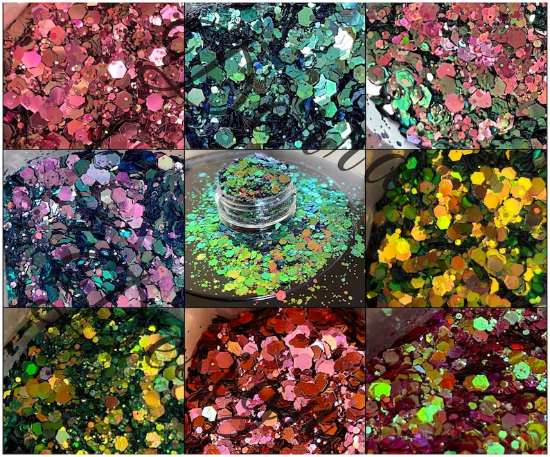 May include: Nine square images showcasing various glitter mixes. Colors range from pinks and reds to greens, blues, and golds. The glitter pieces are hexagonal and irregular in shape, creating a sparkling effect. One image shows glitter in a small, clear jar.