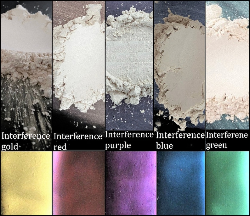 May include: Five samples of interference pigments in powder form. The colors are gold, red, purple, blue, and green. The pigments are shown on a black background. Below the samples are swatches of the colors in their finished form.