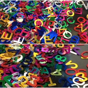 Puede incluir: Una imagen de primer plano de una gran cantidad de letras y n&uacute;meros met&aacute;licos de colores. Las formas est&aacute;n dispersas sobre una superficie oscura. Las letras y los n&uacute;meros son de varios colores, incluyendo rojo, azul, verde, amarillo y plateado.