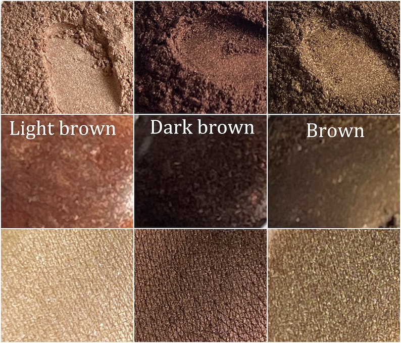 May include: Close-up of nine eyeshadow samples in various shades of brown. The samples are arranged in a 3x3 grid. The top row shows light brown, dark brown, and brown. The middle row shows a darker shade of brown, a very dark brown, and a medium brown. The bottom row shows a light beige, a medium brown, and a light brown with gold shimmer.