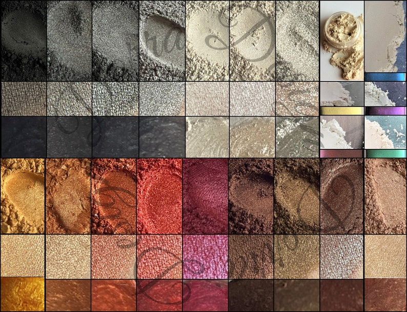 May include: A collection of 36 small jars of mica powder in various colors, including black, white, gold, silver, red, brown, and green. The jars are arranged in a grid pattern.