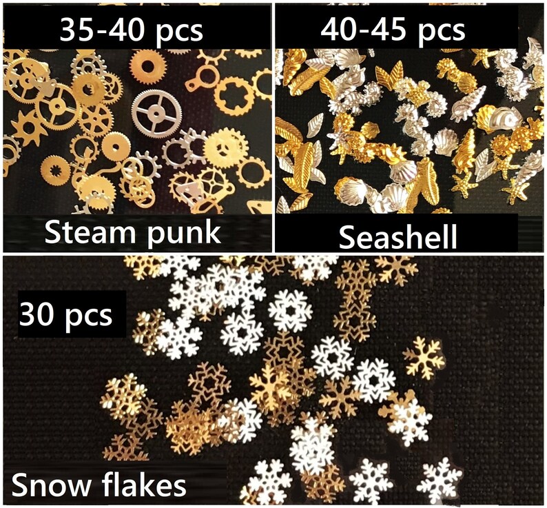 Op de afbeelding: Assortiment van gouden en zilveren metalen bedels. De bedels omvatten tandwielen, schelpen en sneeuwvlokken. De bedels worden verkocht in verpakkingen van 30, 35-40 en 40-45 stuks. De bedels zijn ge&euml;tiketteerd met "Steam punk", "Seashell" en "Snow flakes".