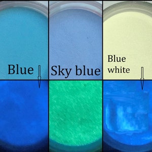 May include: Three small jars of glow-in-the-dark powder. The jars are labeled "Blue", "Sky blue", and "Blue white". The powder glows a bright blue under a black light.