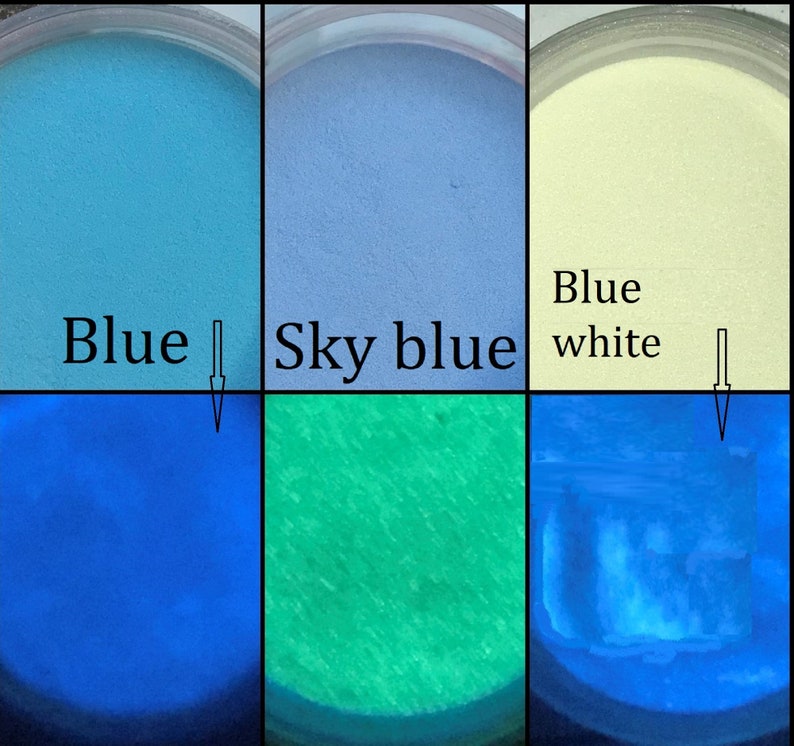 May include: Three small jars of glow-in-the-dark powder. The jars are labeled "Blue", "Sky blue", and "Blue white". The powder glows a bright blue under a black light.