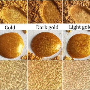 May include: Three samples of gold mica powder in different shades: gold, dark gold, and light gold. Each sample is shown in three forms: powder, a wet drop, and a dry swatch.
