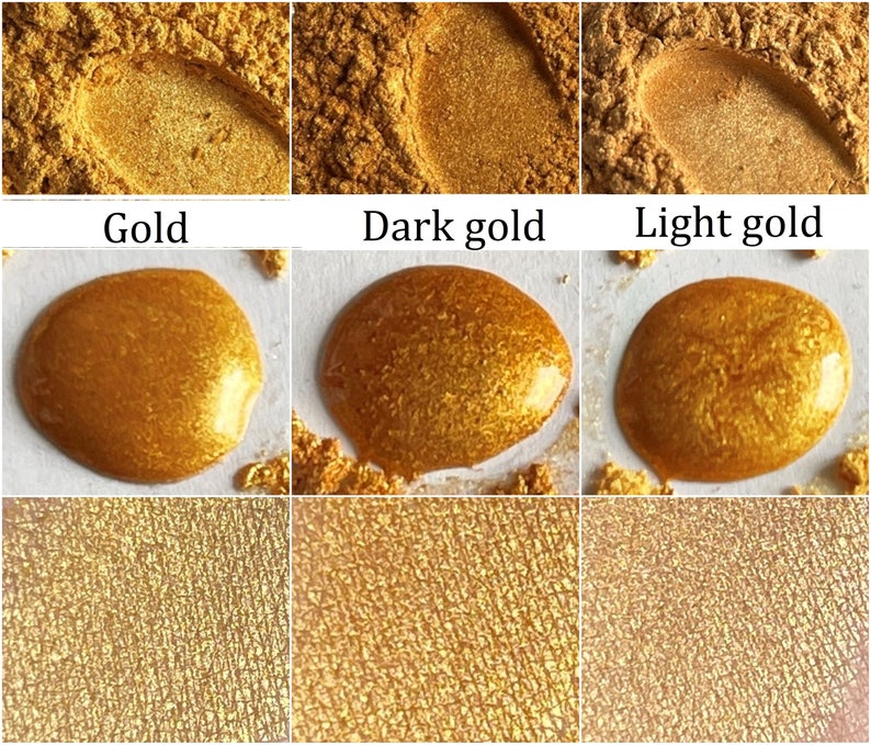 May include: Three samples of gold mica powder in different shades: gold, dark gold, and light gold. Each sample is shown in three forms: powder, a wet drop, and a dry swatch.