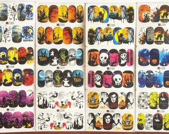 Halloween Wassertransfer Nail Art Aufkleber Aufkleber Nägel Dekorationen Kürbis Totenkopf Hexe Spukhaus Design