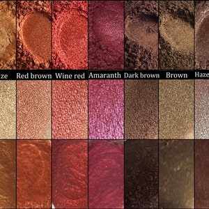 May include: Eight small jars of metallic eyeshadow powder in the colors bronze, red brown, wine red, amaranth, dark brown, brown, and hazelgreen.