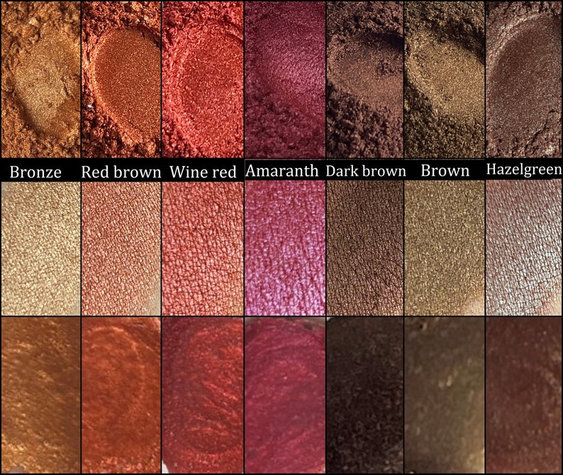 May include: Eight small jars of metallic eyeshadow powder in the colors bronze, red brown, wine red, amaranth, dark brown, brown, and hazelgreen.