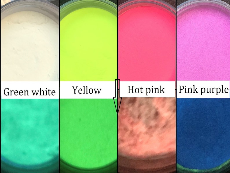 May include: Four small jars of glow-in-the-dark sand. The jars are labeled "Green white", "Yellow", "Hot pink", and "Pink purple".