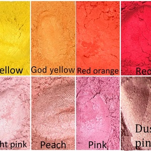 May include: A collection of 8 different coloured mica powder samples. The colours are yellow, gold yellow, red orange, red, light pink, peach, pink, and dusty pink.