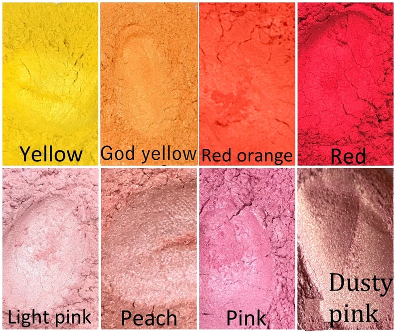 May include: A collection of 8 different coloured mica powder samples. The colours are yellow, gold yellow, red orange, red, light pink, peach, pink, and dusty pink.