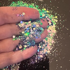 May include: Close-up of iridescent glitter in various shapes and sizes, including hexagons and small dots. The glitter is a mix of colors, including green, blue, pink, and purple. The glitter is held in a hand.