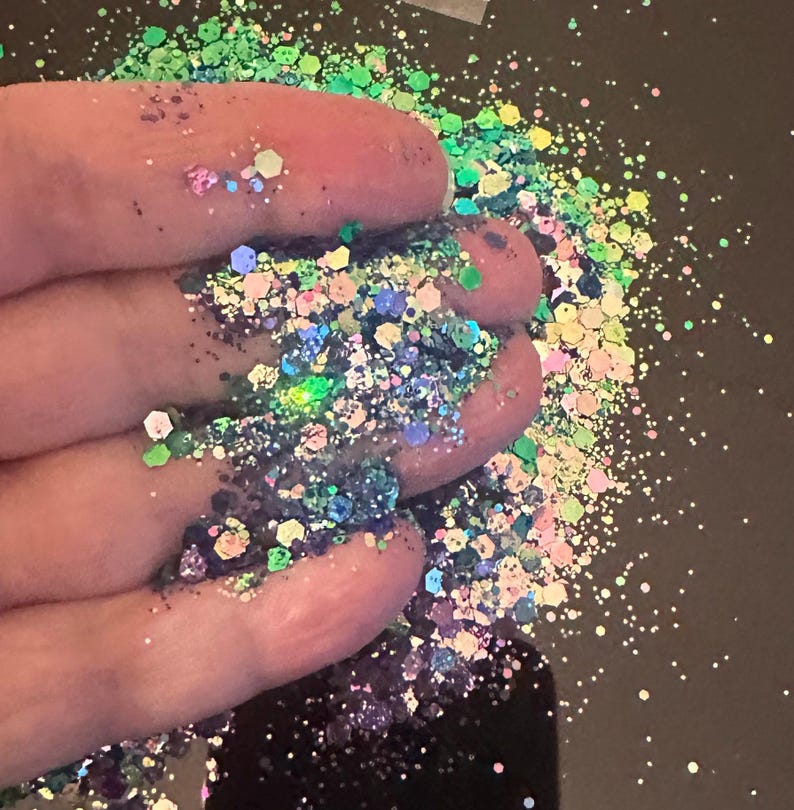 May include: Close-up of iridescent glitter in various shapes and sizes, including hexagons and small dots. The glitter is a mix of colors, including green, blue, pink, and purple. The glitter is held in a hand.