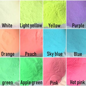 May include: A collection of 12 different colored glow-in-the-dark powders, including white, light yellow, yellow, purple, orange, peach, sky blue, blue, green, apple green, pink, and hot pink.