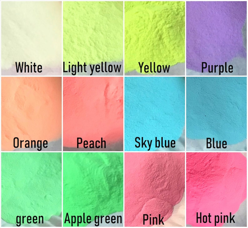 May include: A collection of 12 different colored glow-in-the-dark powders, including white, light yellow, yellow, purple, orange, peach, sky blue, blue, green, apple green, pink, and hot pink.