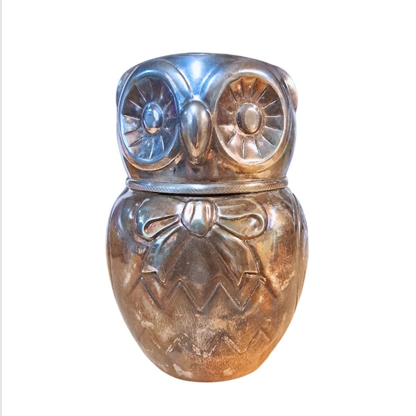 vintage owl piggy bank, silver plated,beautiful, rare, light weight bank, children's bank, beautiful silver owl accent piece, 1968 Raimond