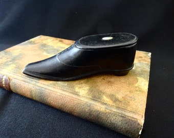 Antique Snuff Box Shoe Black French Mother of Pearl 18th Century Vintage