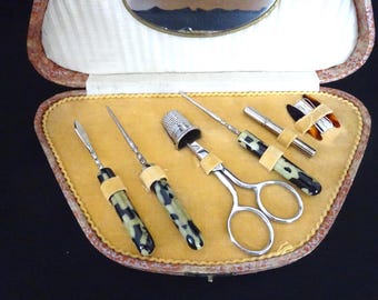 Vintage French Sewing Kit: Art Deco Case, Mid Century Celluloid Scissors Thimble