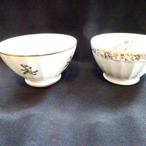 2 Vintage Cafe Au Lait Bowls Birds, Gold White Porcelain,  Antique, Ceramic, Kitchen  France