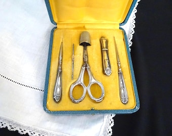Vintage Sewing Set Kit Silver Art Deco Antique Mid Century Box Case French Sewing Supplies Rare Fiber Seamstress Haut Couture