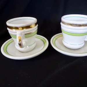 French Brulots, Pair Vintage, Green White , Espresso Cup, Bistro Cup, Coffee French Kitchen Decor, Kitchenalia. Shower Gift Art Nouveau