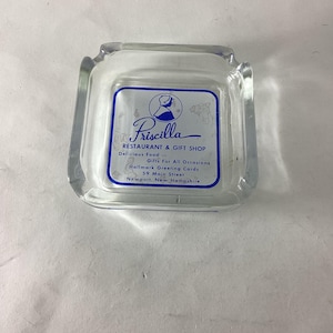 Circa 1950 Glass Advertising Ashtray for Priscilla Restaurant and Gift Shop