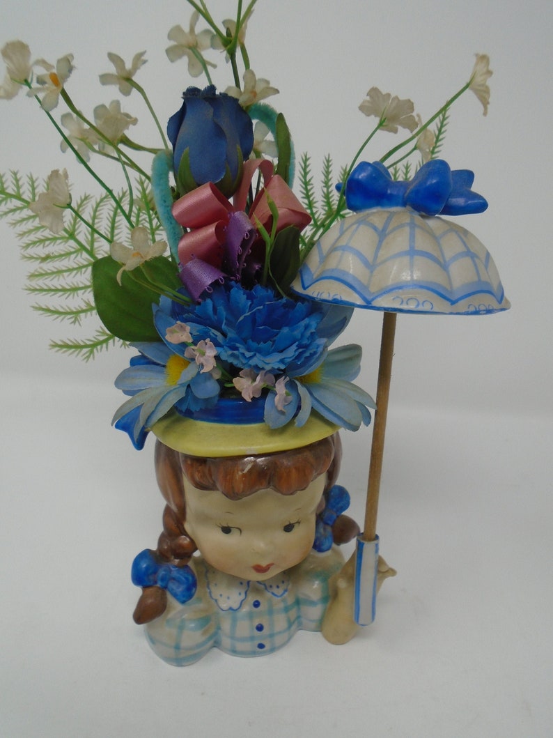 Very Kitschy 1950 S Napco Girl With Umbrella Head Vase Etsy