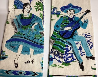 Pair Circa 1950’s Printed Linen Tea Towels With Mexican Couple